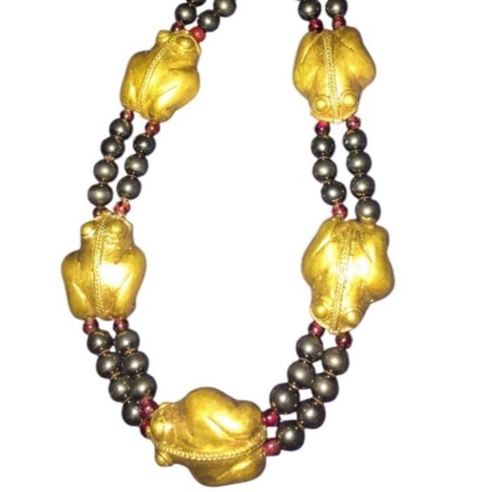 Vintage Pre Colombian Frog Gold Tone Onyx Garnet Beaded Necklace - Picture 8 of 16